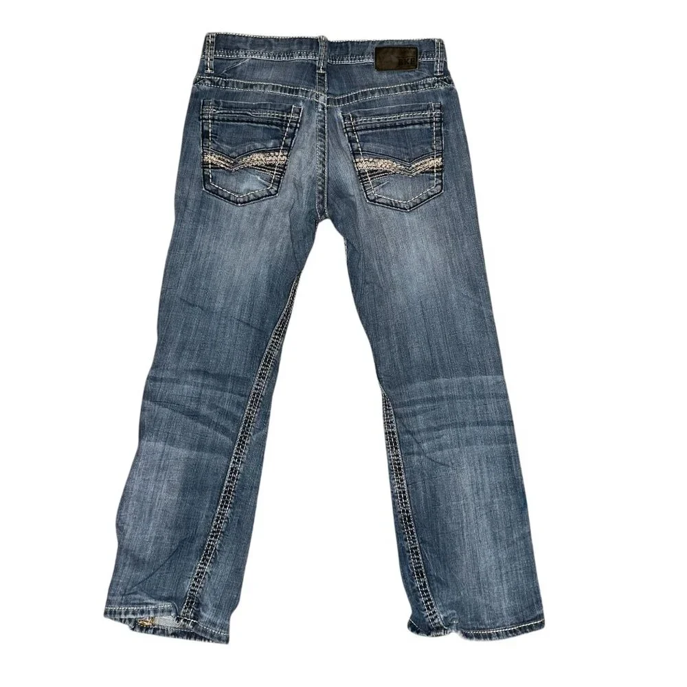 BKE Carter Straight Leg Jeans Mens 30 27 Light Wash Well Worn Grunge Embroidered